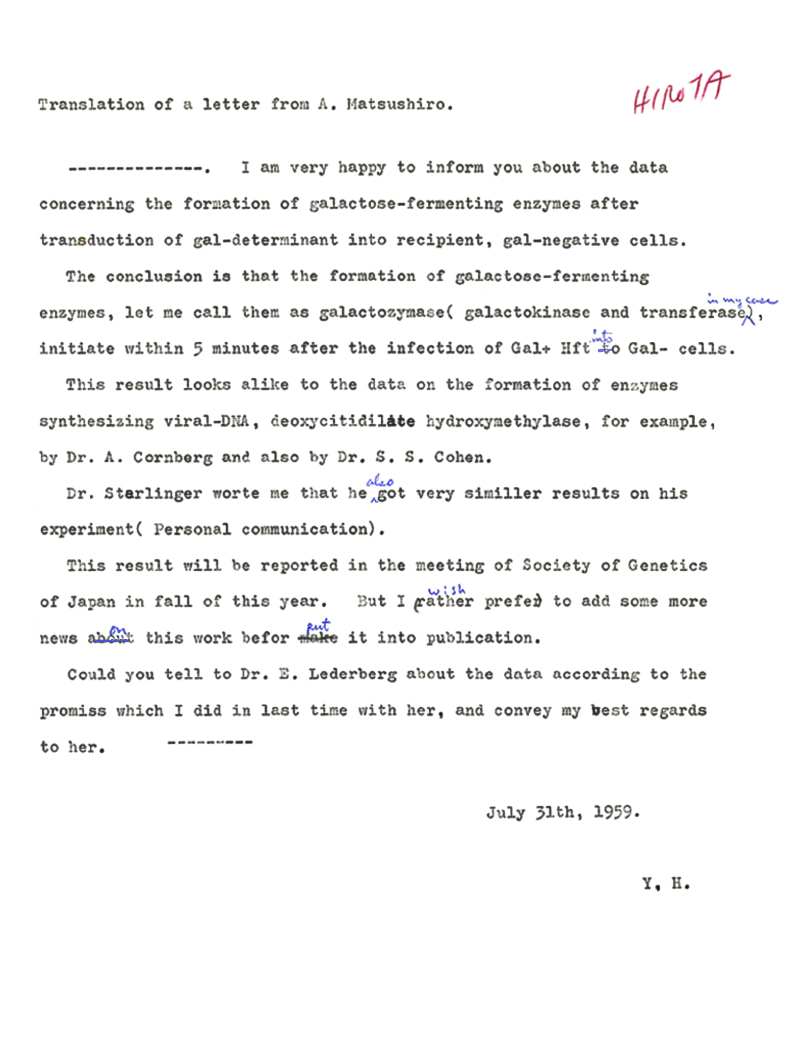 d0075 YHirota to EML (translation of AMatsushiro letter - results Kornberg, SSCohen,Starlinger) 7-31-59 59-61